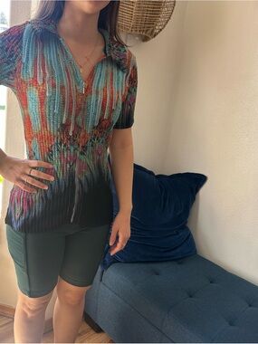 Alberto Makali Colorful lilies short sleeve Stretch polo top shirt Y2K L XL